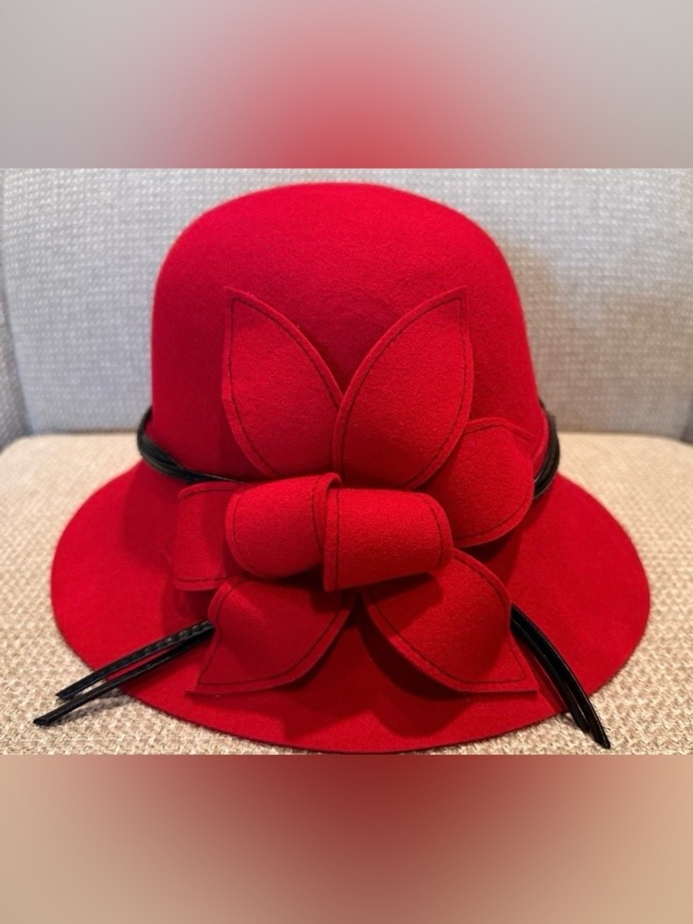 New Something Special Red Floral Felted Wool Leather Trimmed Cloche Hat